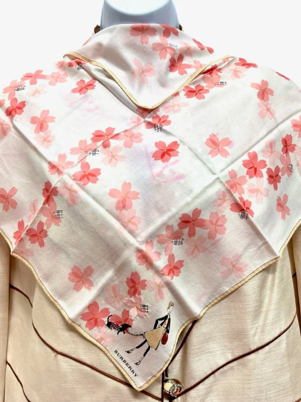 Burberrys Mini Scarf cotton 19.5" ligh peach pink flora embroidered dogs (88) - Picture 3 of 9